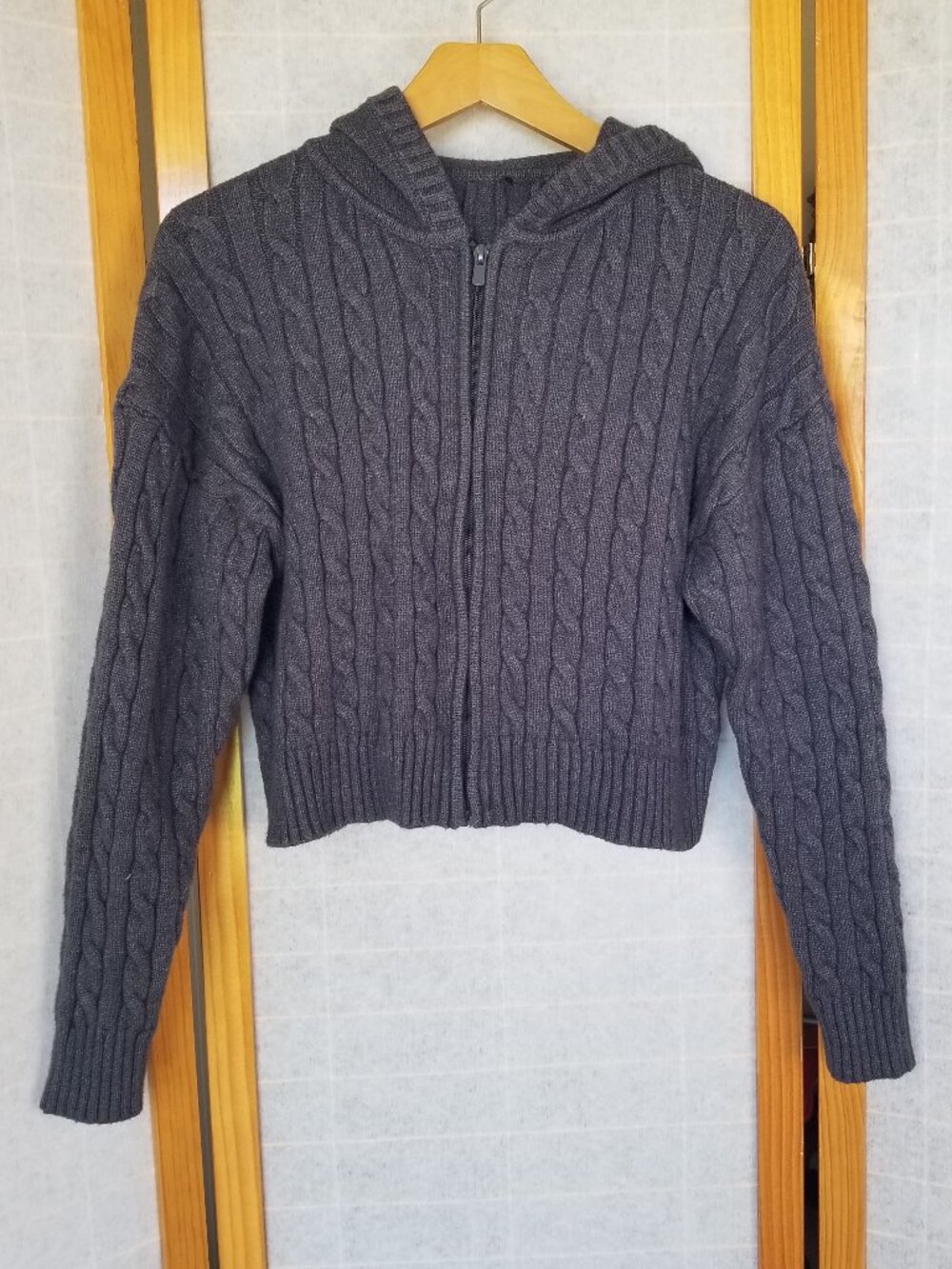 Crop Cable Knit Cardigan Sweater Full Zip Hoodie Long Sleeve Gray